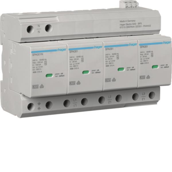 Image for Hager Kombiableiter T1+T2 4P Uc SPA801 350V Iimp 25kA Up 1.5kV TNS/TT