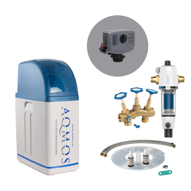 Image for AQMOS R2D2-32 Wasserenthärtungsanlage Set mit Rückspülfilter, Anschlussset und Montageblock